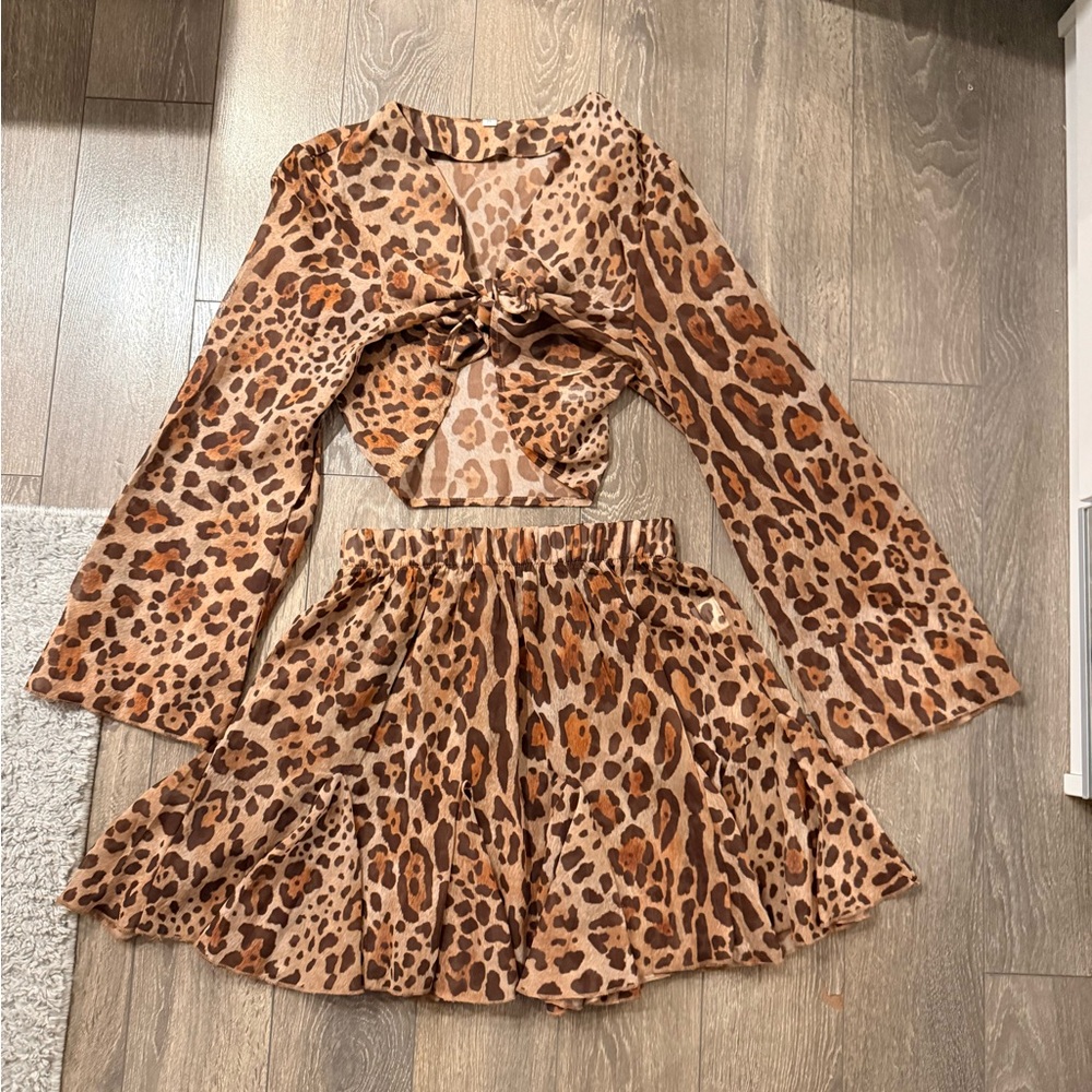 Leopard Print Tie-Front Top & Skirt Set